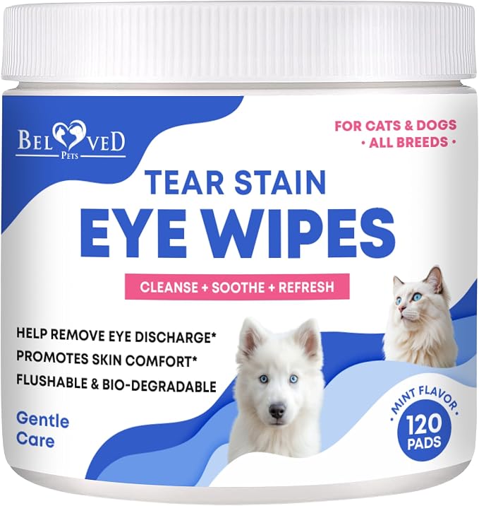 Beloved Pets Cat & Dog Eye Wash Wipes & Tear Stain Remover, Cleaner | Eye Infection Treatment Helps Prevent Pink Eye, Relief Allergies Symptoms, Runny, Dry Eyes - Safe for Small Animals
