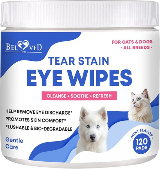 Beloved Pets Cat & Dog Eye Wash Wipes & Tear Stain Remover, Cleaner | Eye Infection Treatment Helps Prevent Pink Eye, Relief Allergies Symptoms, Runny, Dry Eyes - Safe for Small Animals