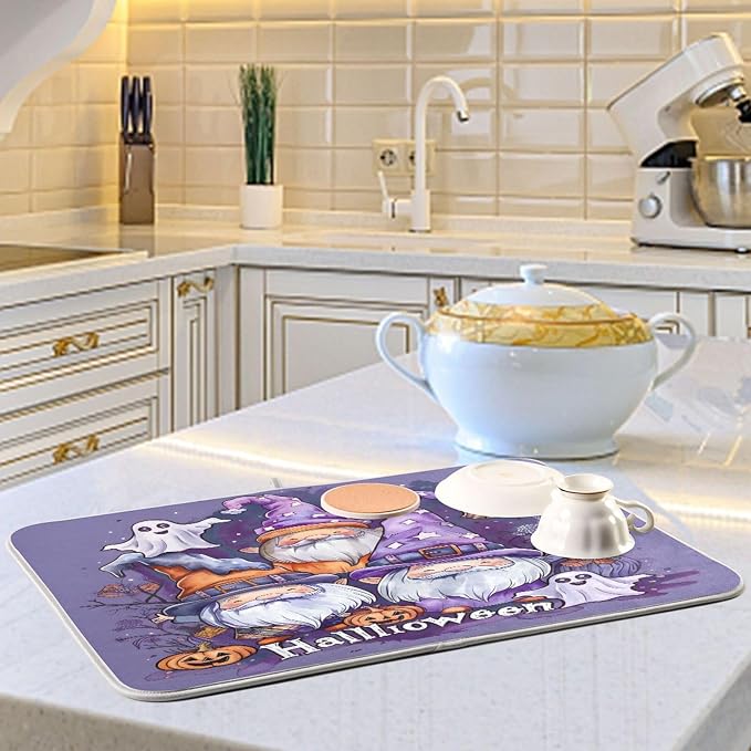Halloween Gnome Ghosts Cute Absorbent Dish Drying Mat, Dishes Drainer Protector Pad Pot Holder for Kitchen 18 x 24 Inch