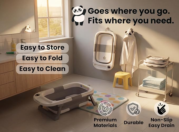 6-in-1 Collapsible Baby Bathtub Set with Thermometer, Foldable Infant Tub for Newborn to Toddler, Portable Bath Set with Cushion, Rinse Cup, Cap, Towel & Mitt, All-in-One Baby Bath Essentials