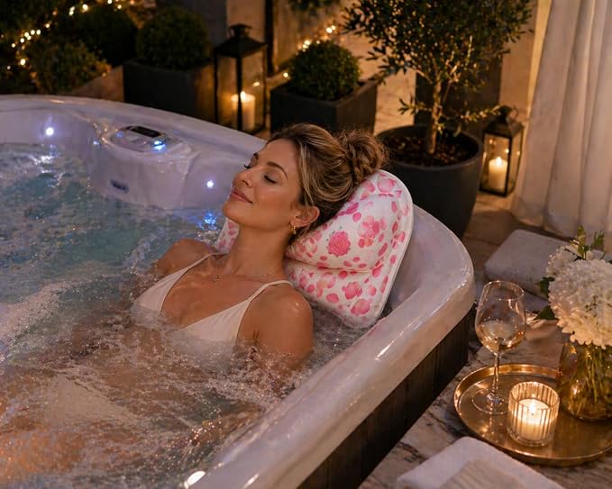 Luxury Bath & Hot Tub Pillow – Air Mesh Fabric, Quick-Dry with Hanging Loop, Head & Neck Support, Gift-Boxed Rose-Petal Design for Women, Mom, Wife, Girlfriend (Pink Rose Petals)