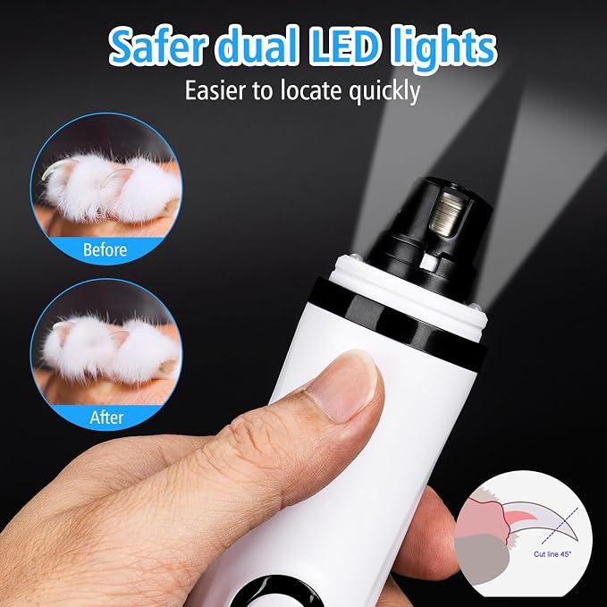 Pet Nail Grinder for Dogs and Cats - Super Quiet and Low Vibration Electric Dog Nail Grinder with 2 LED Lights - USB Rechargeable and Cordless - 3 Speeds - Small to Large Pets (White)