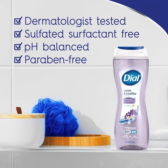 Dial Body Wash, Hydraclean Complex & Vitamin E, Gentle, Leaves Skin Feeling Nourished, Dermatologist-Tested, No Parabens & Sulfates, Calm & Soothe, Lavender & Jasmine Scent, 16 fl Oz (Pack of 4)