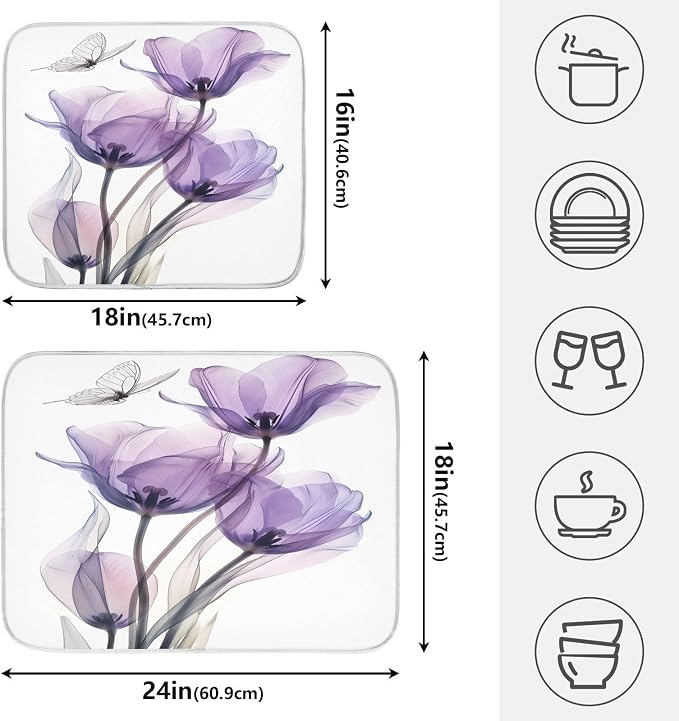 Purple Tulips Flower Dish Drying Mats for Kitchen Counter Small Drying Mat for Dishes Microfiber Dish Rack Mat Drainer Pad Washable Foldable Ultra Absorbent Dry Mat 18"x16"