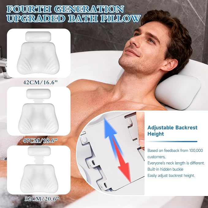 Silicone Bath Pillows for Tub, Easy Clean, Quick Dry, Non Slip Bath Pillow, Head and Back Both Inflatable Adjustable, Comfortable Luxury Bathtub Pillow with 5 Large Suction Cups
