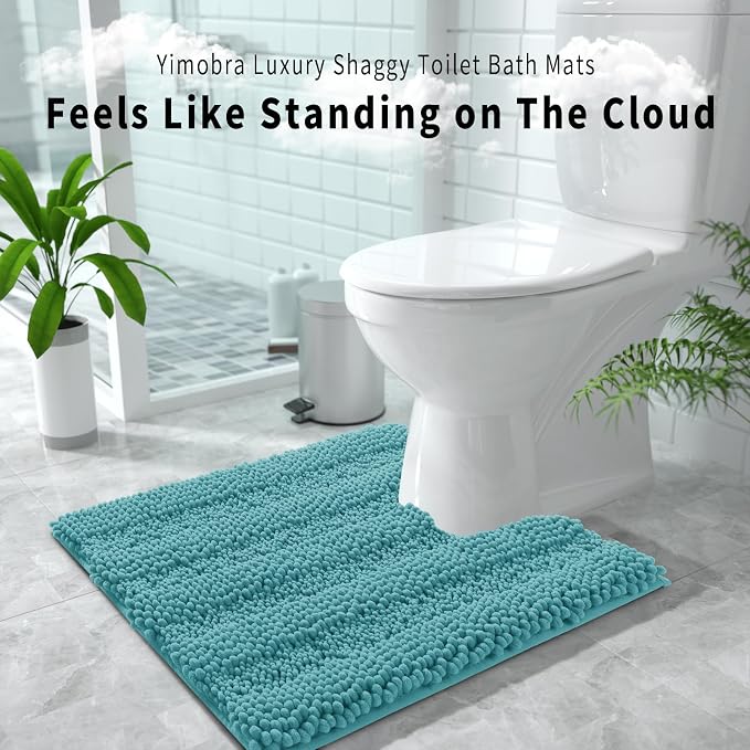 Yimobra Toilet Rugs U Shaped Washable 24 x 20, Non Slip and Super Absorbent Toilet Mat, Quick Dry, Ultra Luxury Microfiber Chenille Plush Fluffy Contour Bath Rugs for Toilet Base, Teal Blue