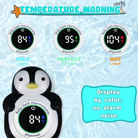 Baby Bath Thermometer, Floating Penguin Toy - Baby Bathing Safety Monitor | Cold and Warm Dual Zone Color Code, Real-time Water Temperature Sensor, Detachable Floating Toy, Special Supply for Maternal