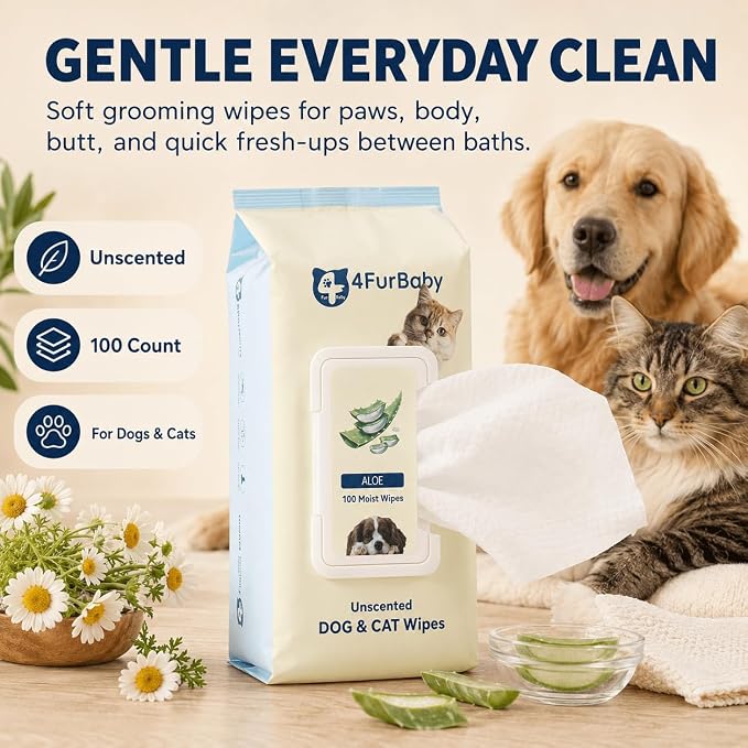 Dog Wipes for Paws and Butt, Unscented, 100 Count | 8" x 8" hypoallergenic, hydrating pet grooming wipes for dogs and cats, unscented for daily care
