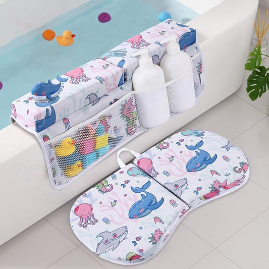 Bath Kneeler and Elbow Rest Pad Set, Shark Design 1.5" Thick Comfortable Kneeling Cushion with Organizer Pockets - Quick Drying, Foldable, Non-Slip for Bathing Time