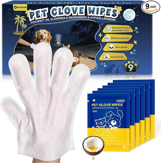Pet Glove Wipes for Dogs and Cats, Deodorizing Cleaning Gloves, Hypoallergenic Coconut Oil Grooming Wipes, Individually Wrapped, for Pet Dry Cleaning, Daily Care and Travel, 9 Pcs