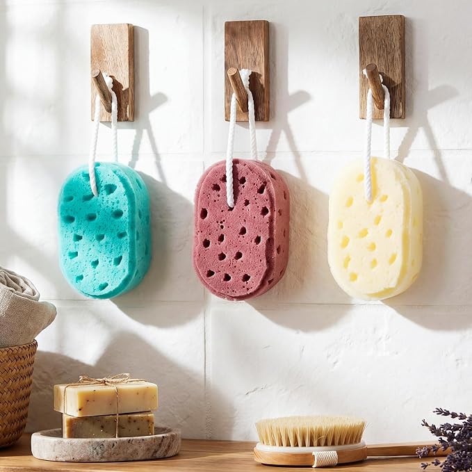 FoldTier 6 Pcs Exfoliating Bath Sponge Body Loofah Sponges for Shower Women Reusable Soft Bathing Pouf Foam Lufa Body Scrubber and Rich Lather, Color Matching (Coffee Brown,Cyan,Beige)