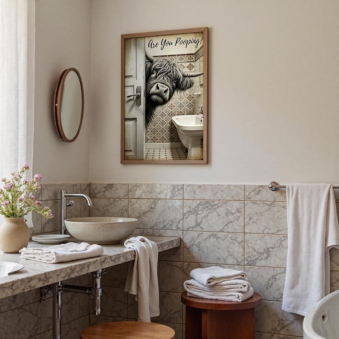 Funny Highland Cow Bathroom Wall Art Humorous Are You Pooping? Poster Vintage Farmhouse Restroom Print Aesthetic Wall Decor for Powder Room Apartment Family Bathroom 16X24 in Wrapped Framed