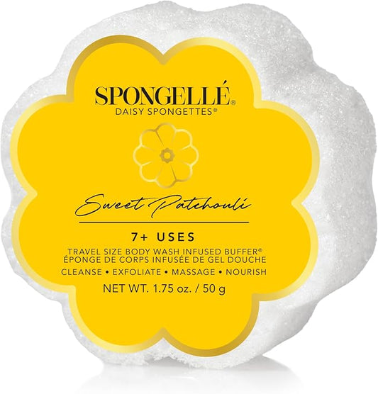 Spongellé Sweet Patchouli Daisy Spongette Bath Sponge | Built-in Body Wash & Body Scrubber, Shower Loofah Sponge for Women, Travel Essentials | 7+ uses