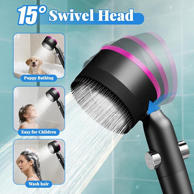 Filtered Handheld Shower Head, High Pressure Power Showerhead with 5 Filters & 59" Flexible Hose, 360° Rotating Adjustable Shower Head with Wall Holder & ON/Off Switch for Hair & Skin, Black