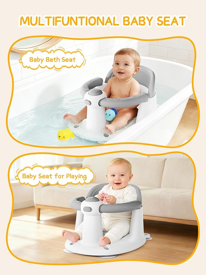 Baby Bath Seat for Babies 6 Months & Up - Bathtub Seats for Babies with 3 Baby Bath Toys, Non-Slip, Comfortable, Infant Bath Essentials-Grey