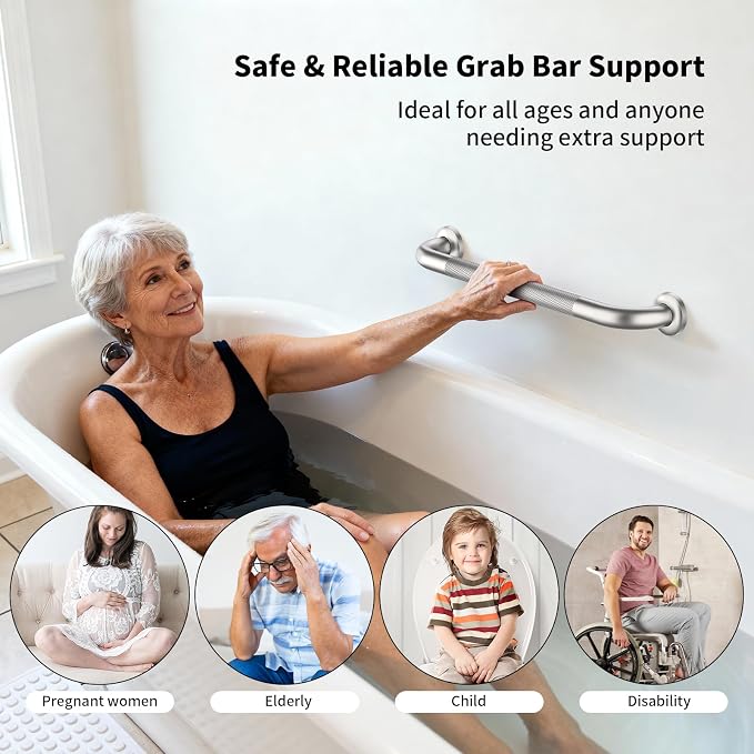 Shower Grab Bar 16 Inch, iHansee Brushed Nickel Bathroom Grab Bar w/Anti-Slip Knurled Grip, Stainless Steel Bath Safety Bars Support Handrail for Senior Elderly, Toilet Bathtub Balance Handle for Wall