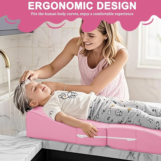 Extra Large Hair Washing Station for Kids - Ergonomic Shampoo Foam Mat with Neck Support for Sink, Portable & Foldable Shampoo Buddy for Toddlers, Non-Slip & Waterproof Hair Washing Mat -Pink