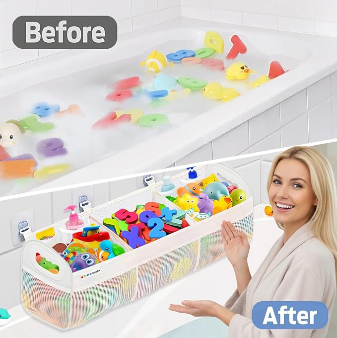 Bath Toy Storage for Bathtub – Large Bath Toy Holder & Bath Toy Net, Kids Bathtub Toy Storage Bag Organizer with 6 Strong Adhesive Hooks, Quick-Dry Mesh Bathroom Toy Holder Basket for Tub & Shower