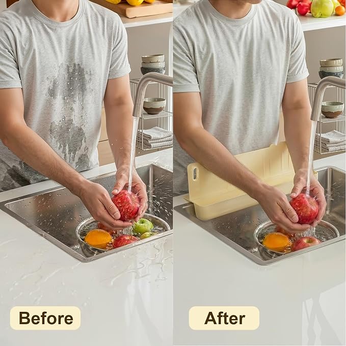 17In Kitchen Sink Splash Guard with Suction Cup for Kitchen Sink Area, Sink Edge Protector for Small Kitchen Sink, Bathtub & Counter, with Drain Rack & Sponge Holder (Gray)