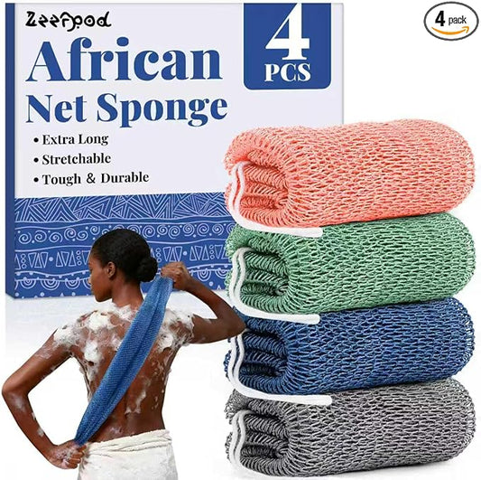 African Net Sponge Authentic-4 Packs African Exfoliating Net Sponge,Bath Sponges for Shower,42 inch Long for Normal to Sensitive Skin, for Daily use, Body Exfoliator Shower (Green,Pink,Blue,Grey)