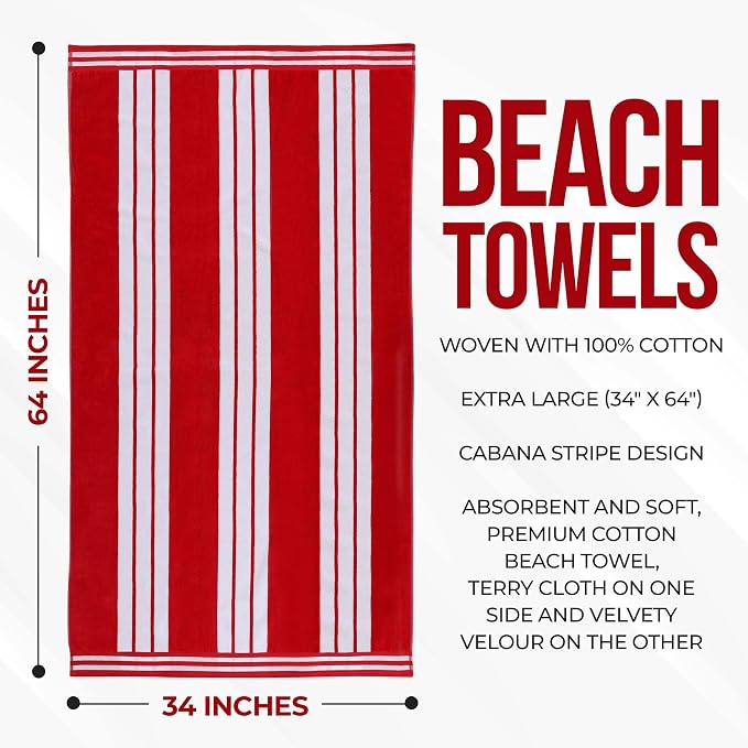 Superior Cotton Cabana Striped Beach Towels, Colorful Towels for Adult, Kid, Pool, Swimming, Sand, Travel, Large Oversized, Absorbent, Fast Drying, Bath Basics, Cabana Collection, 1 Piece, Red