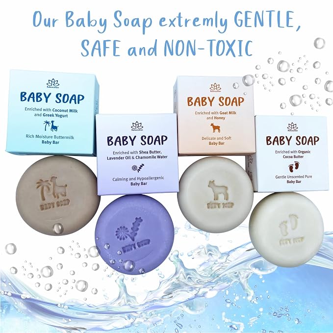 Set of 4 Organic Baby Soap Bars - Lavender-Chamomile, Goat Milk-Honey, Unscented, Greek Yogurt - Coconut Milk - All Natural Cold Process Soap Bars For Baby, Toddler, Kids - Safe for Sensitive Skin
