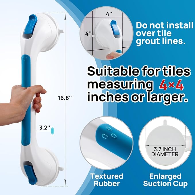 LEVERLOC 2 Pack Shower Grab Bars for Bathtubs and Showers, Easy to Install Suction Shower Handles for Bathroom Removable Handrails for Seniors Elderly Heavy Duty Safety Grip Waterproof Drill Free Blue