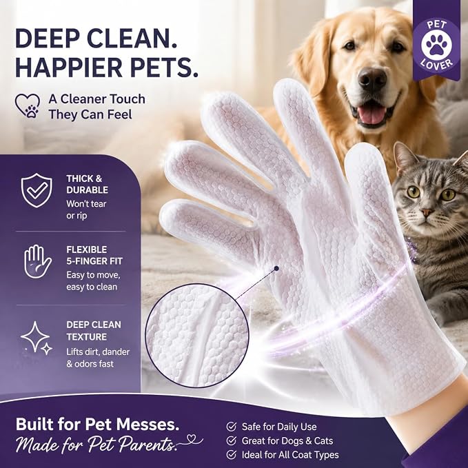 Pet Glove Wipes for Dogs & Cats, 30Pcs Deodorizing Cleaning Gloves with Coconut Oil, Vet Recommended Hypoallergenic Bathless Grooming Wipes for Paws, Body & Ears, No-Rinse