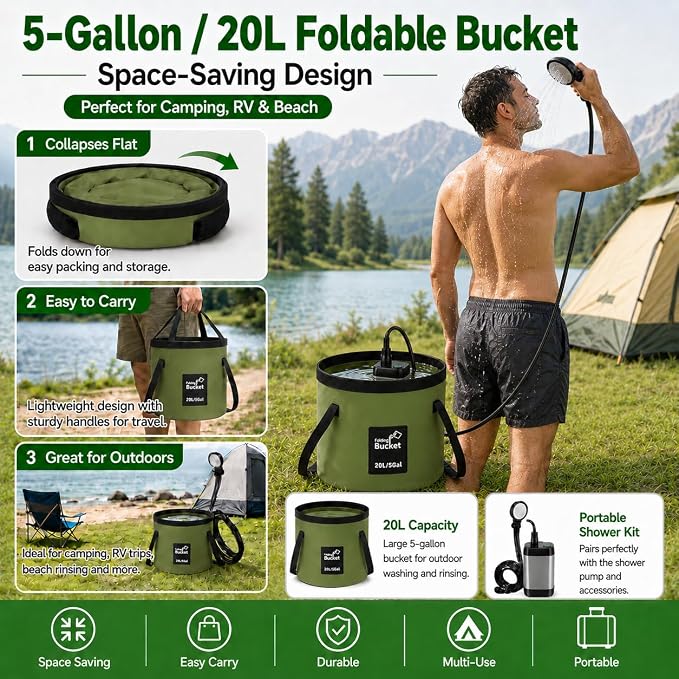 Portable Shower for Camping, 6000mAh Rechargeable Camping Shower with Intelligent LED Display, Foldable Bucket, 4 Spray Modes, IPX7 Waterproof Outdoor Camp Pump for Hiking, Travel, Car, Pet