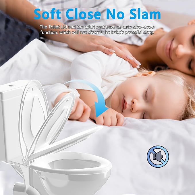 Aünsffer Family Toilet Seat Elongated, Built-in Toddler Potty Training Seat, Baby Toilet lid 2 in 1 Soft Close Quiet with Magnet, Easy Clean PP Material Safe and No Loosen (White Elongated 18.5 Inch)