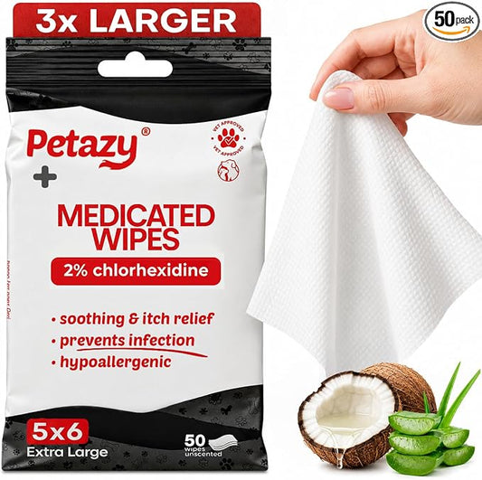 Petazy 2% Chlorhexidine Wipes for Dogs 3X Larger | Yeast Infection Ringworm Fungus Hot Spot Itch Relief | Medicated Antibacterial Antifungal Gentle Soothing Topical Wipes for Dog Cat | 50 Wipes 5x6