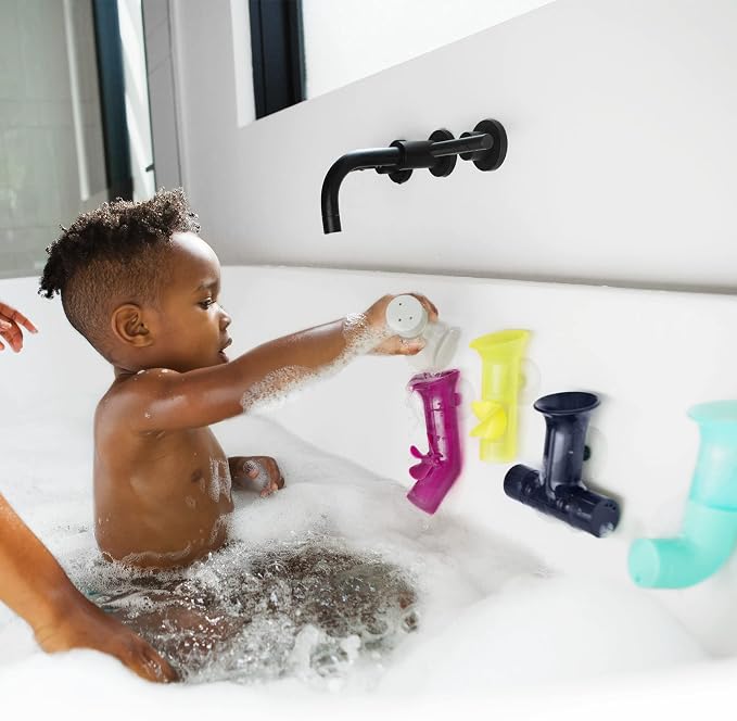 Boon Pipes Toddler Bath Toys - Bathtub Building Toys with Suction Cups - Toddler Sensory Toys and Bathtub Essentials - Multicolored - 5 Count - Kids Ages 12 Months and Up