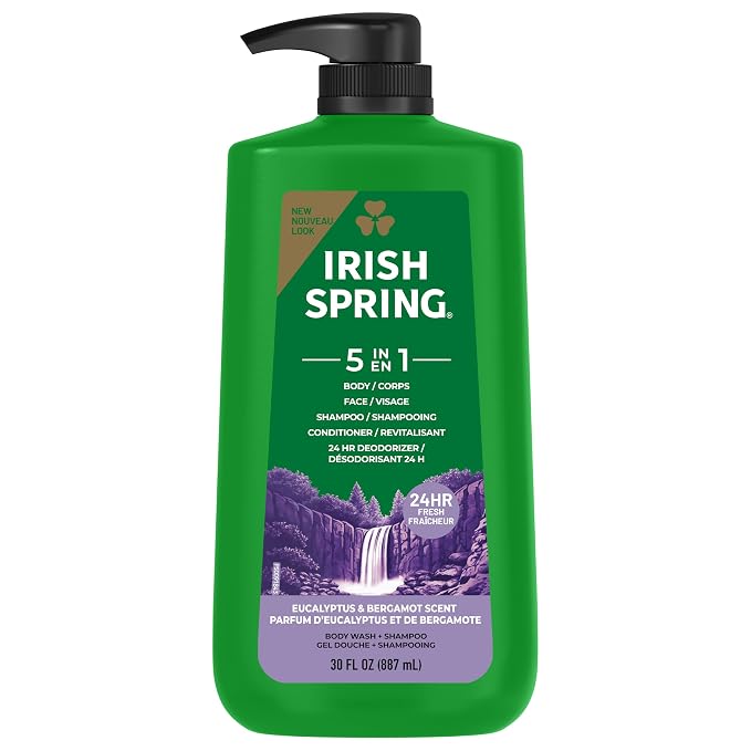 Irish Spring 5 in 1 Moisturizing Body Wash for Men, Shampoo, Conditioner, Body and Face Wash, and 24 Hour Deodorizer, Paraben-Free, Fresh Eucalyptus & Bergamot Scent, 30 fl oz - Packaging may vary
