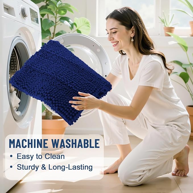 Grandaily Chenille Striped Bathroom Rugs 59x35, Extra Thick and Soft Absorbent Bath Mats, Rubber Backing, Plush Shaggy Shower Carpet, Machine Wash Dry, Bath Rug for Bathroom, Navy Blue