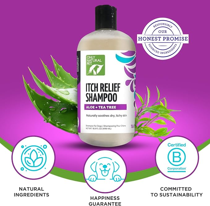 Only Natural Pet Itch Relief Shampoo with Aloe + Tea Tree for Dogs, Oatmeal Dog Shampoo for Dry Itchy Skin Allergies, Anti Itch Sensitive Skin No Sulfates, Parabens, Phosphates, Phthalates - 16.9 Oz