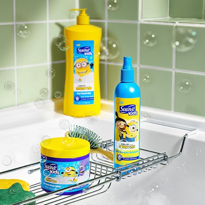 Suave Kids Minions Hair Products Bundle – 3-in-1 Coco-Craze Slime & Fun Fresh Shampoo, Conditioner & Body Wash + Detangler Spray, 28 Oz Ea (3 Piece Set)