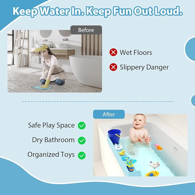 31” Bathtub Splash Guard Shelf with Strong Suction Cups, Silicone Tub Water Guard Organizer for Shampoo & Bath Essentials, No-Mess Spill Protection – Blue