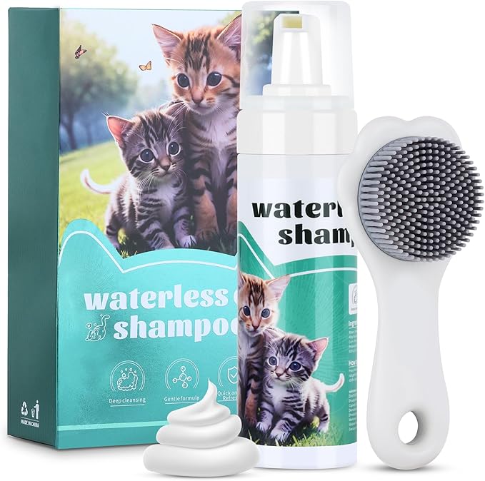 Waterless Cat Shampoo with Cat Brush, Cat Dry Shampoo, No Rinse Foam for Cat Bath