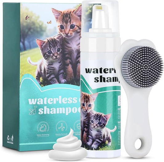 Waterless Cat Shampoo with Cat Brush, Cat Dry Shampoo, No Rinse Foam for Cat Bath