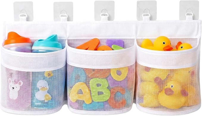 Bath Toy Storage Holder for Toddler Bathtub,3-Section Mesh, 5 Adhesive Hooks, Quick-Dry Shower Organizer for Toddler Bath Toys Ages 2-8, Kids Bathroom Toy Basket Storage Net