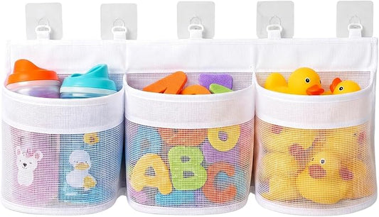 Bath Toy Storage Holder for Toddler Bathtub,3-Section Mesh, 5 Adhesive Hooks, Quick-Dry Shower Organizer for Toddler Bath Toys Ages 2-8, Kids Bathroom Toy Basket Storage Net