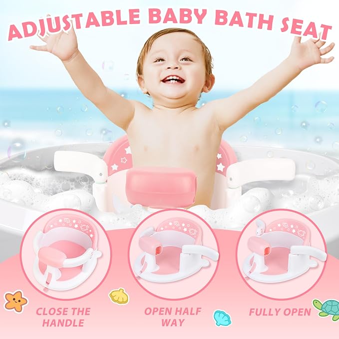 Baby Bath Seat 6M+, Non-Slip Cushion, CPSC Certified, 5-Pc Set, Pink | BPA-free PP+TPR, easy-release handle, ergonomic backrest, lightweight & portable, available in pink