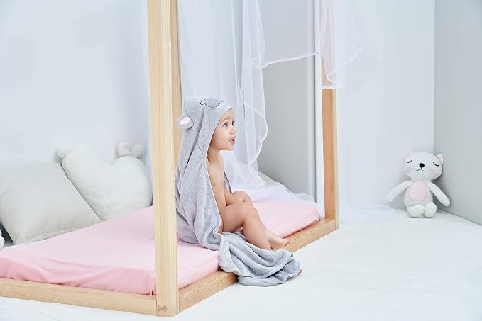 HIPHOP PANDA Hooded Towel - Rayon Made from Bamboo, Bath Towel with Bear Ears for Newborn, Babie, Toddler, Infant - Absorbent Large Baby Towel - Hippo, 37.5 x 37.5 Inch