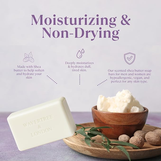 Wavertree & London Lavender Scented Natural Soap Bars (Pack of 2), 7oz Moisturizing French Triple Milled Soap Bars enriched with shea butter - Pure Plant Oil Bath & Body Bar for All Skin Types