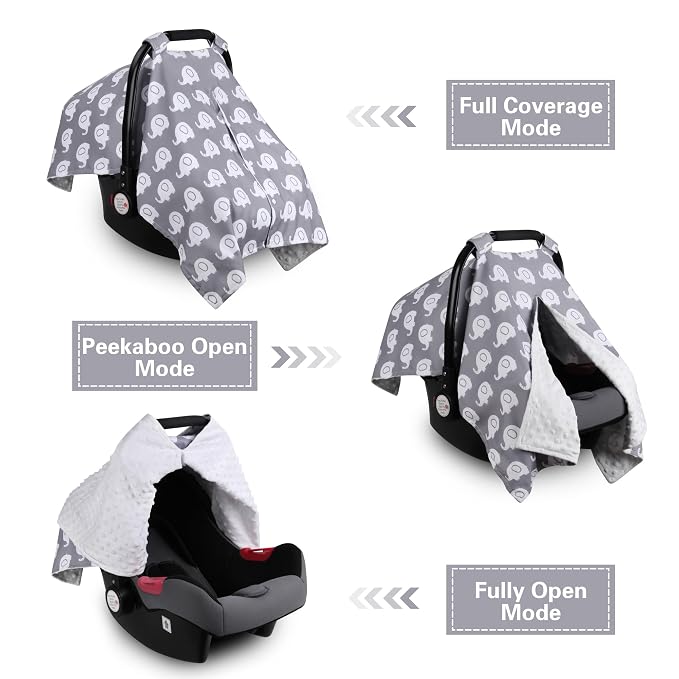 Rquite Car Seat Cover Baby, Carseat Covers for Boy Girl, Minky Infant Car Seat Cover Winter, Peekaboo Opening Car Seat Canopy, Multiuse Baby Carrier, Stroller, Nursing Cover, Minky Blanket, Elephant