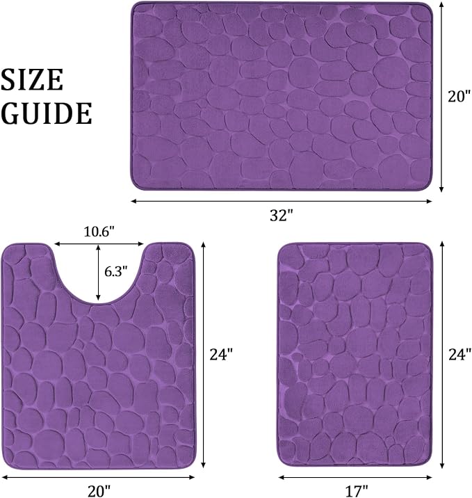 YIHOUSE Bathroom Rugs Mat Set, Memory Foam Bath Mat 3 Piece Purple | U Shape+Small Mat, Non Slip, Water Absorbent, Washable, Bath Mat For Bathroom, Sink and Toilet