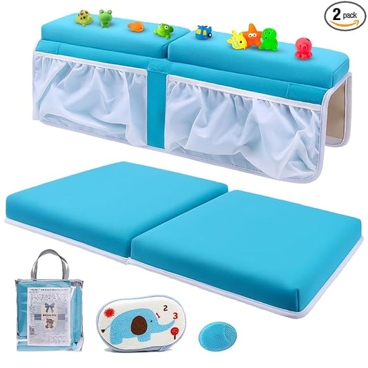 Bath Kneeler and Elbow Rest Set Thick Baby Bath Kneeling Pad Bathing Kneeling Mat Cushion Washable Padded Bathtub Knee Saver with Arm Support and Pockets Organizer for Bathroom Bathtime Comfort, Blue