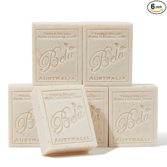 BELA Oatmeal Soap with Milk and Bran 3.3 OZ, Pack of 6, Long Lasting French Triple Milled Bar Soap with Organic Shea Butter, Hand, Face and Body Wash Bars, Made in Australia