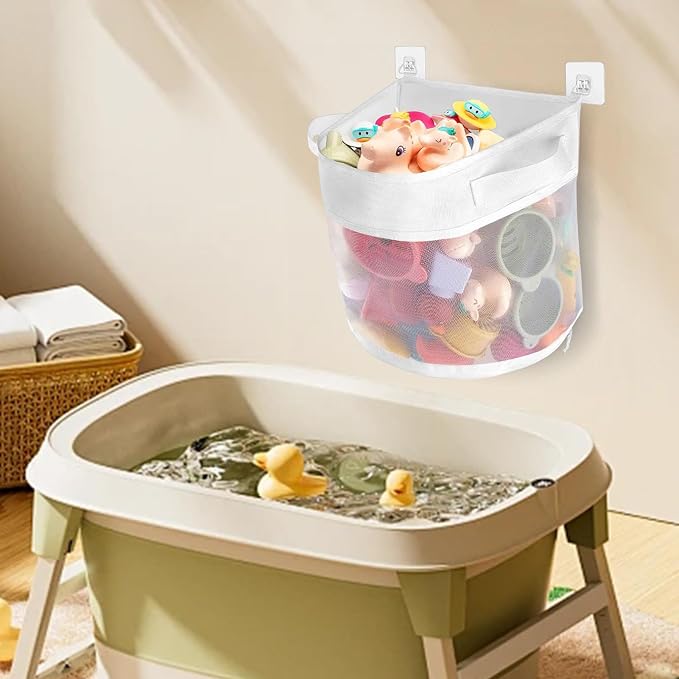 Bath Toys Storage Bag - Mesh Bathtub Kids Toy Holder with Hook | Bath Toy Storage Mesh Bag | Bottom Zipper Bathtub Toy Storage Organizer | Large Opening Bathroom Toy Storage Hangable Bag