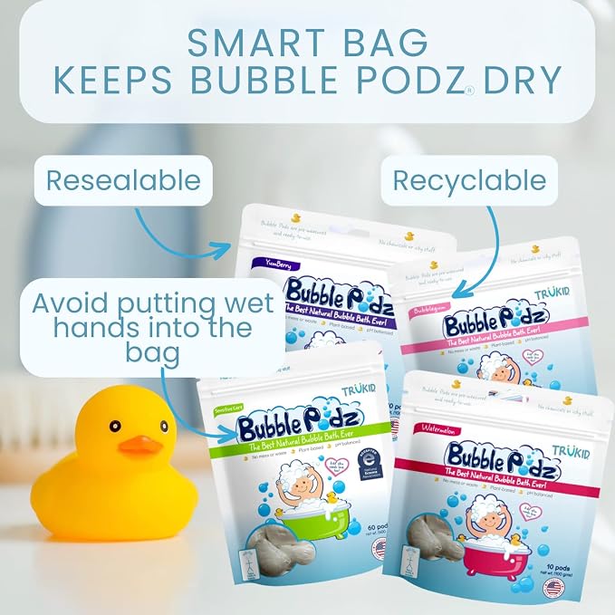 TruKid Bubble Podz Bubble Bath for Kids, Toddlers, & Babies, Tear Free Gentle & Refreshing Bath Bomb for Sensitive Skin with Natural Moisturizers, Non-Toxic, pH Balanced, Eucalyptus Scent (10 Podz)